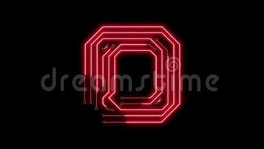 动画红色霓虹灯发光字母O作为电路板风格